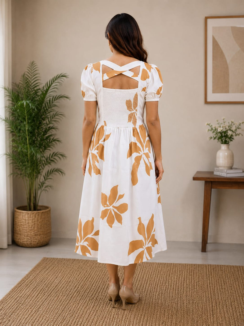 Sunlit Bloom Cross-Back Midi Dress