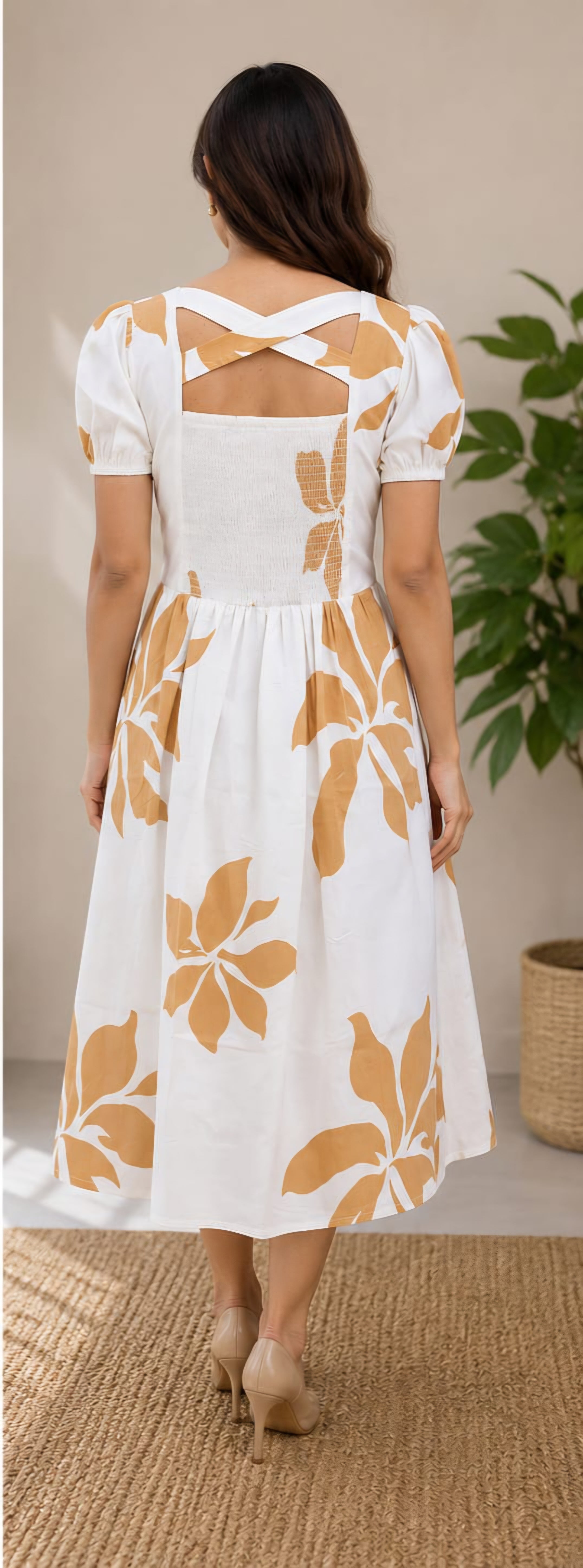 Sunlit Bloom Cross-Back Midi Dress
