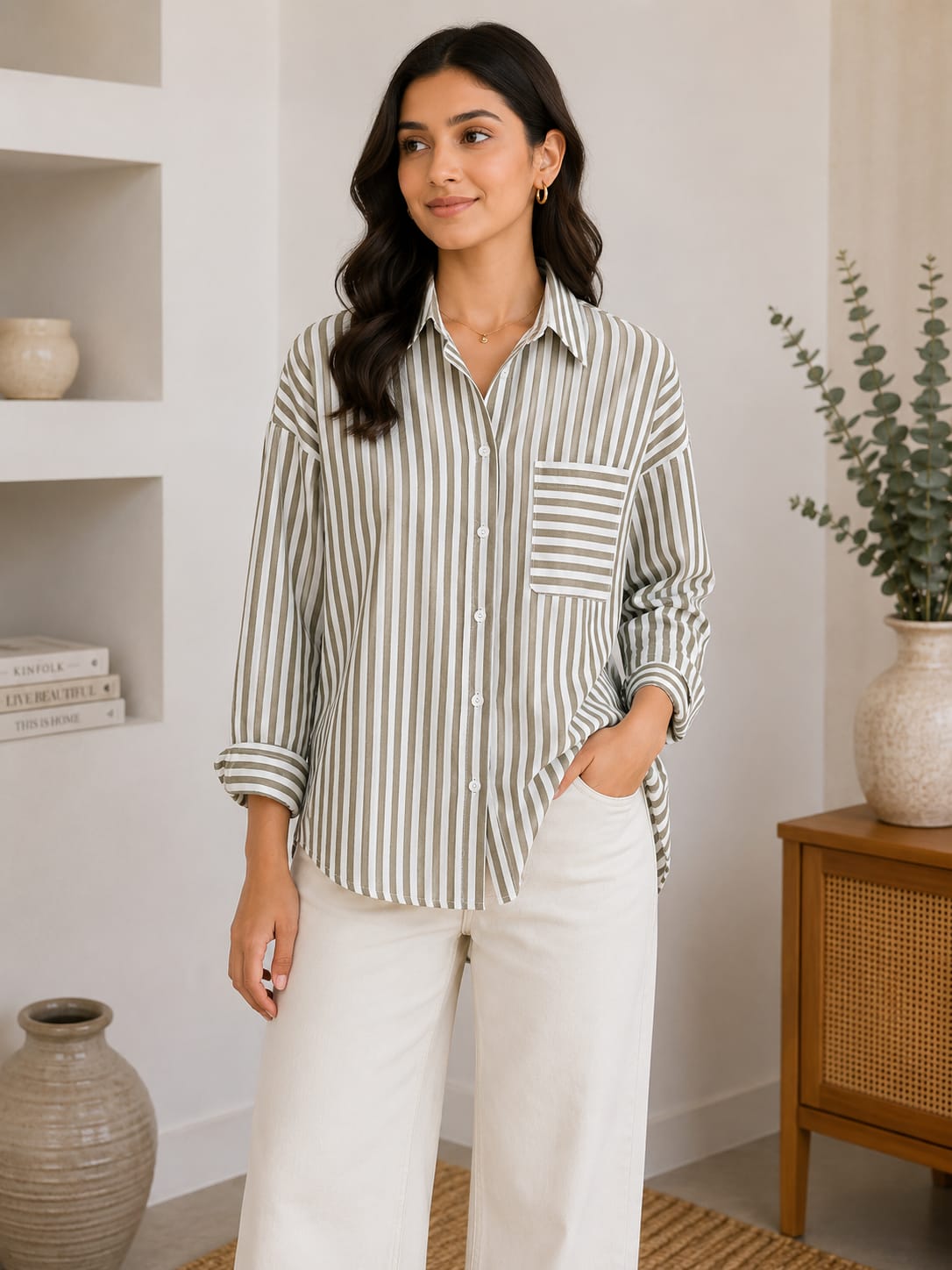 Olive Stripe Oversized Pocket Shirt