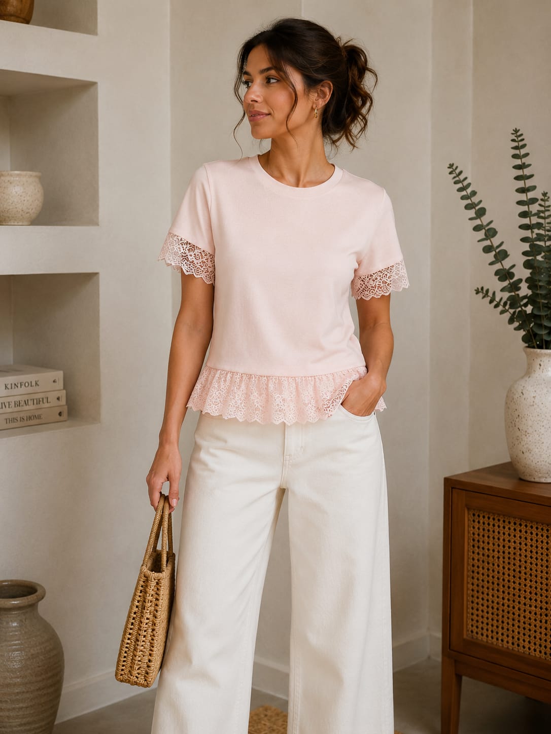 Blush Pink Lace Trim Peplum Top