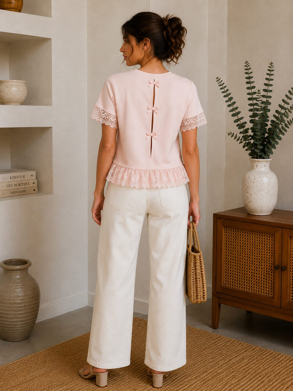 Blush Pink Lace Trim Peplum Top