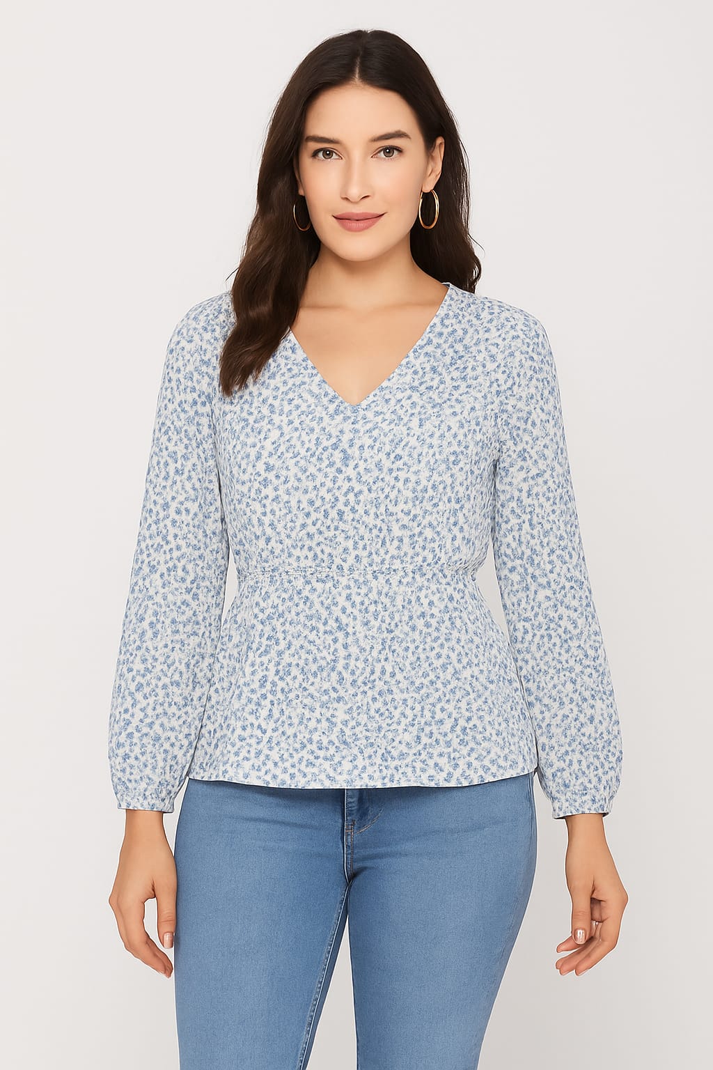 Floral Print V-Neck Peplum Top