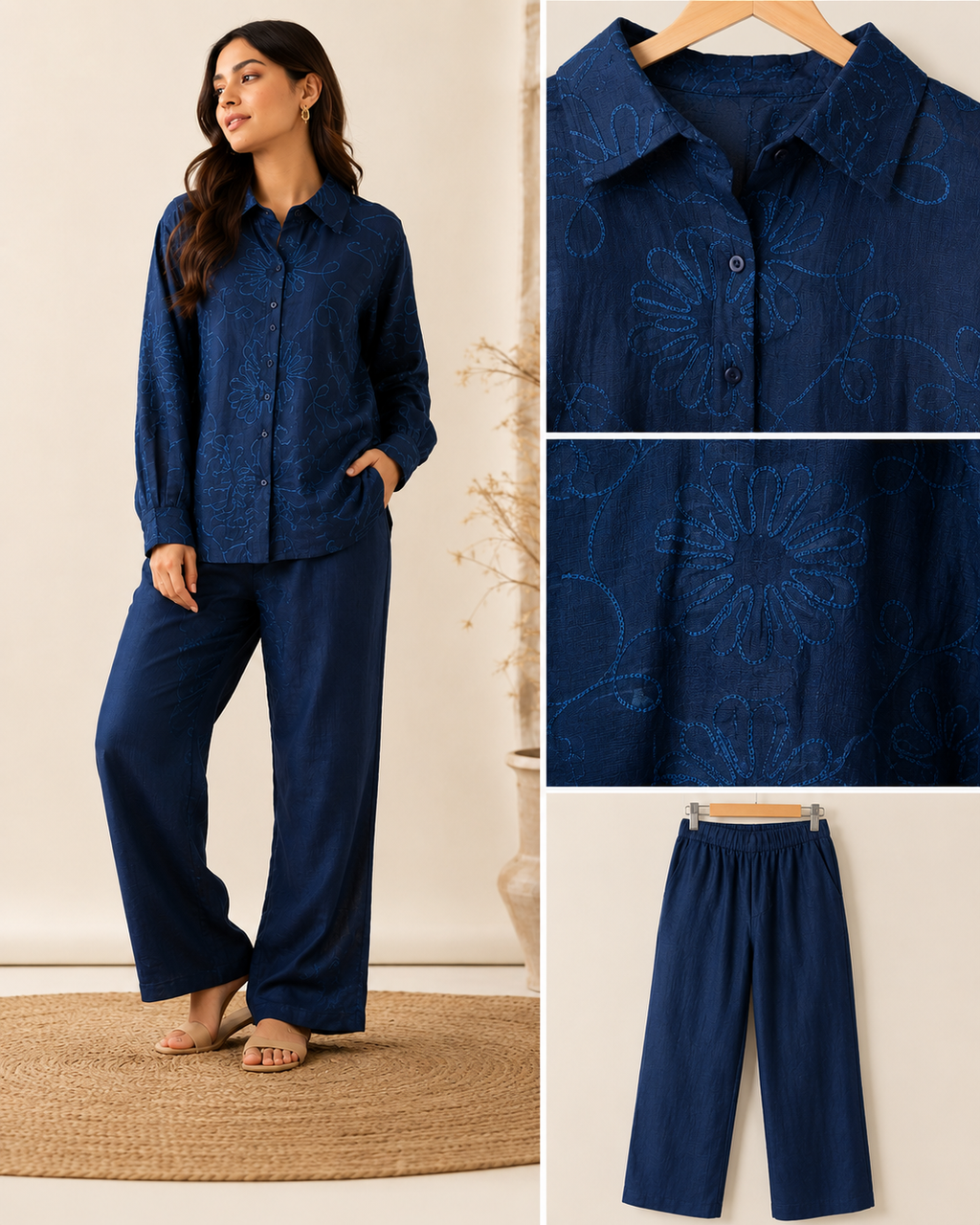 Midnight Blue Floral Cord Embroidery Co-Ord Set