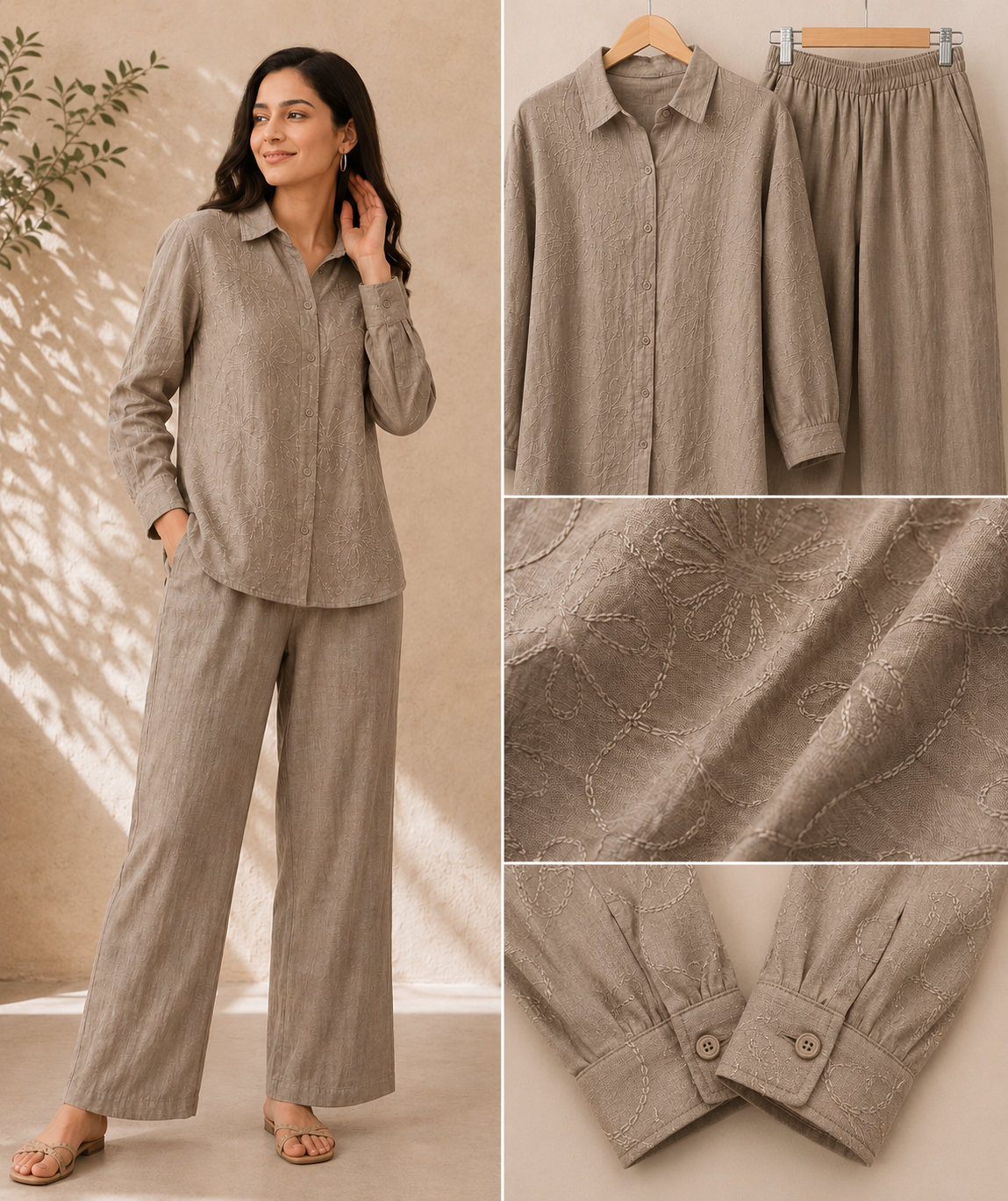 Taupe Embroidered Sheer Cotton Co-ord Set