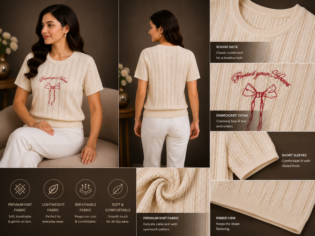 Ivory Knit Embroidered Bow Top
