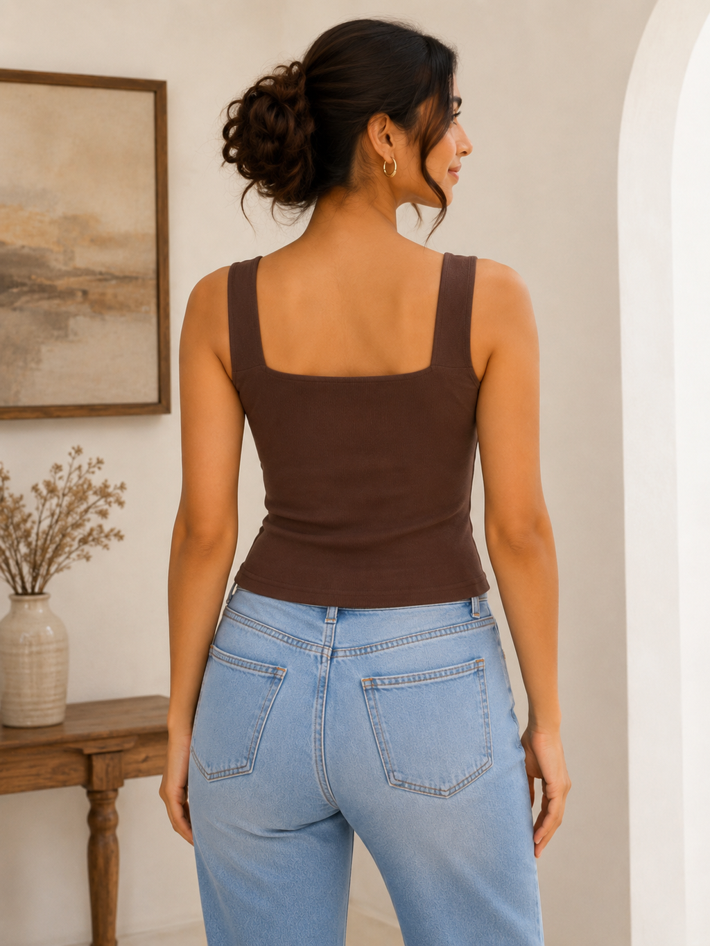 Mocha Square Neck Ribbed Tank Top