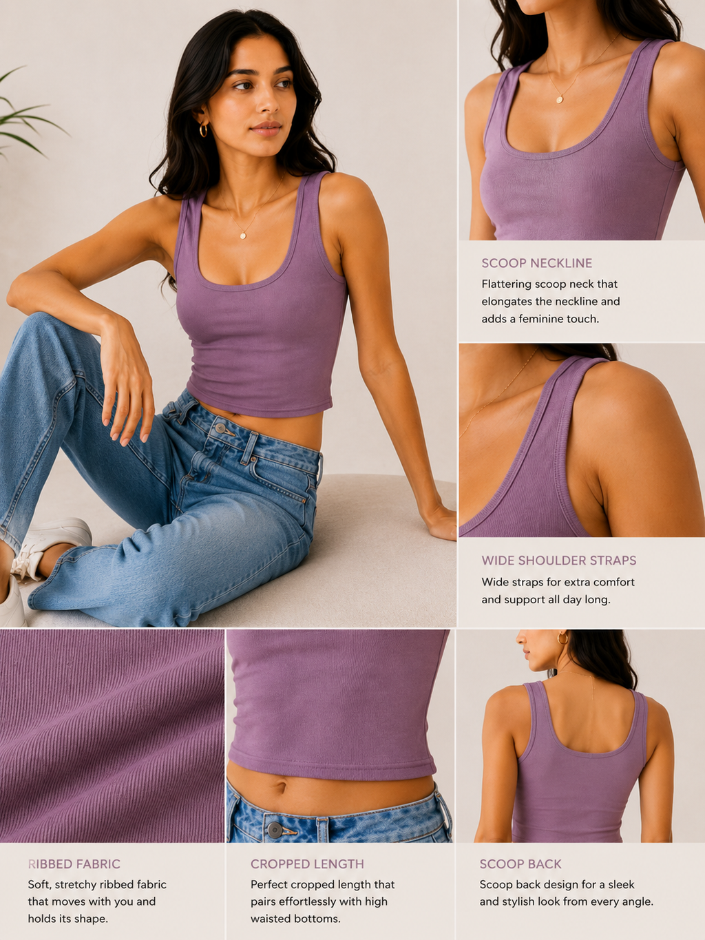 Mauve Ribbed Scoop Neck Crop Tank