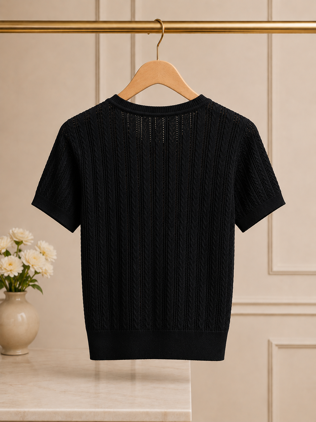 Black Knit Embroidered Bow Top