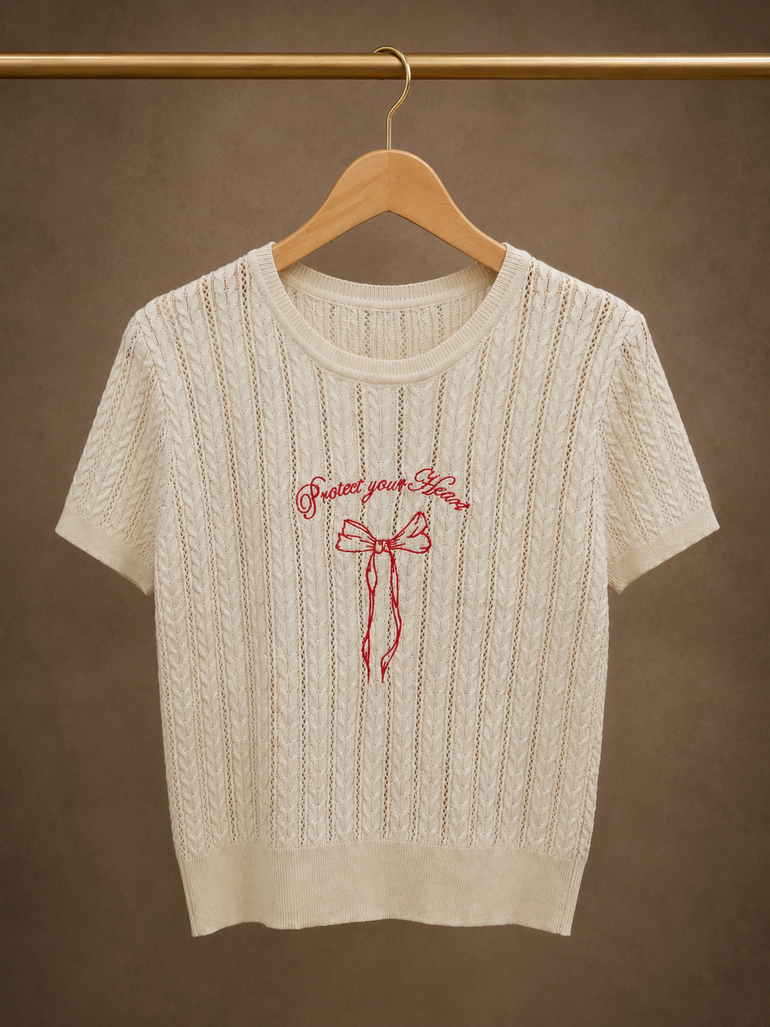 Ivory Knit Embroidered Bow Top
