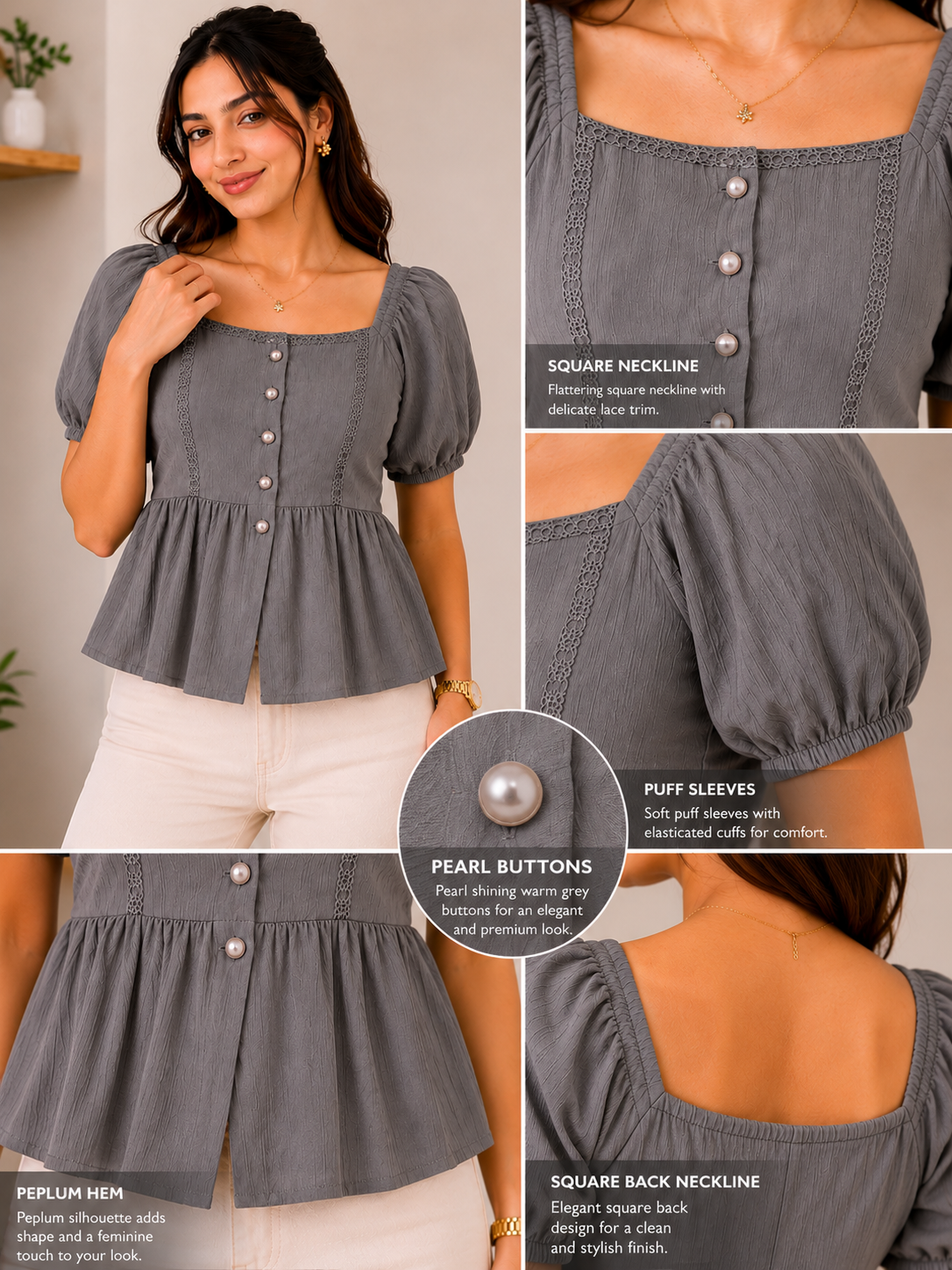 Misty Charm Grey Peplum Top