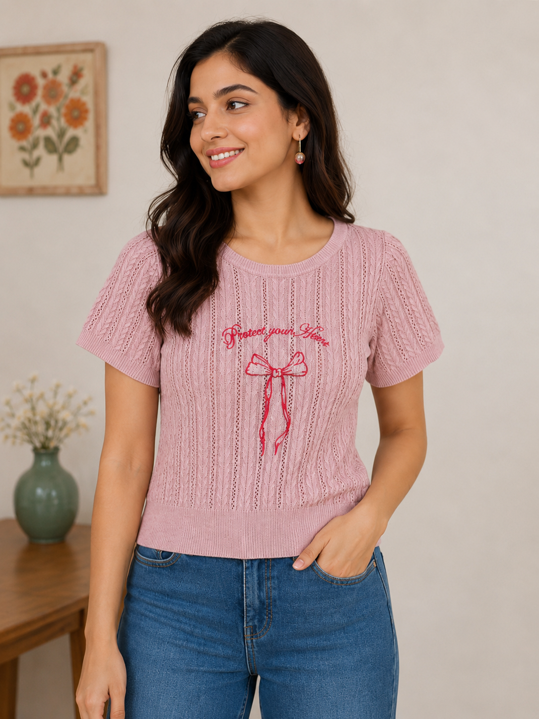 Blush Bow Embroidered Knit Top