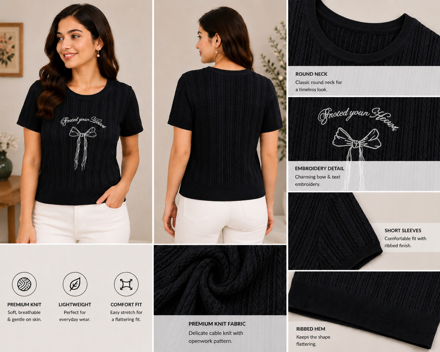 Black Knit Embroidered Bow Top