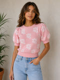 Blush Bloom Knit Puff Sleeve Top