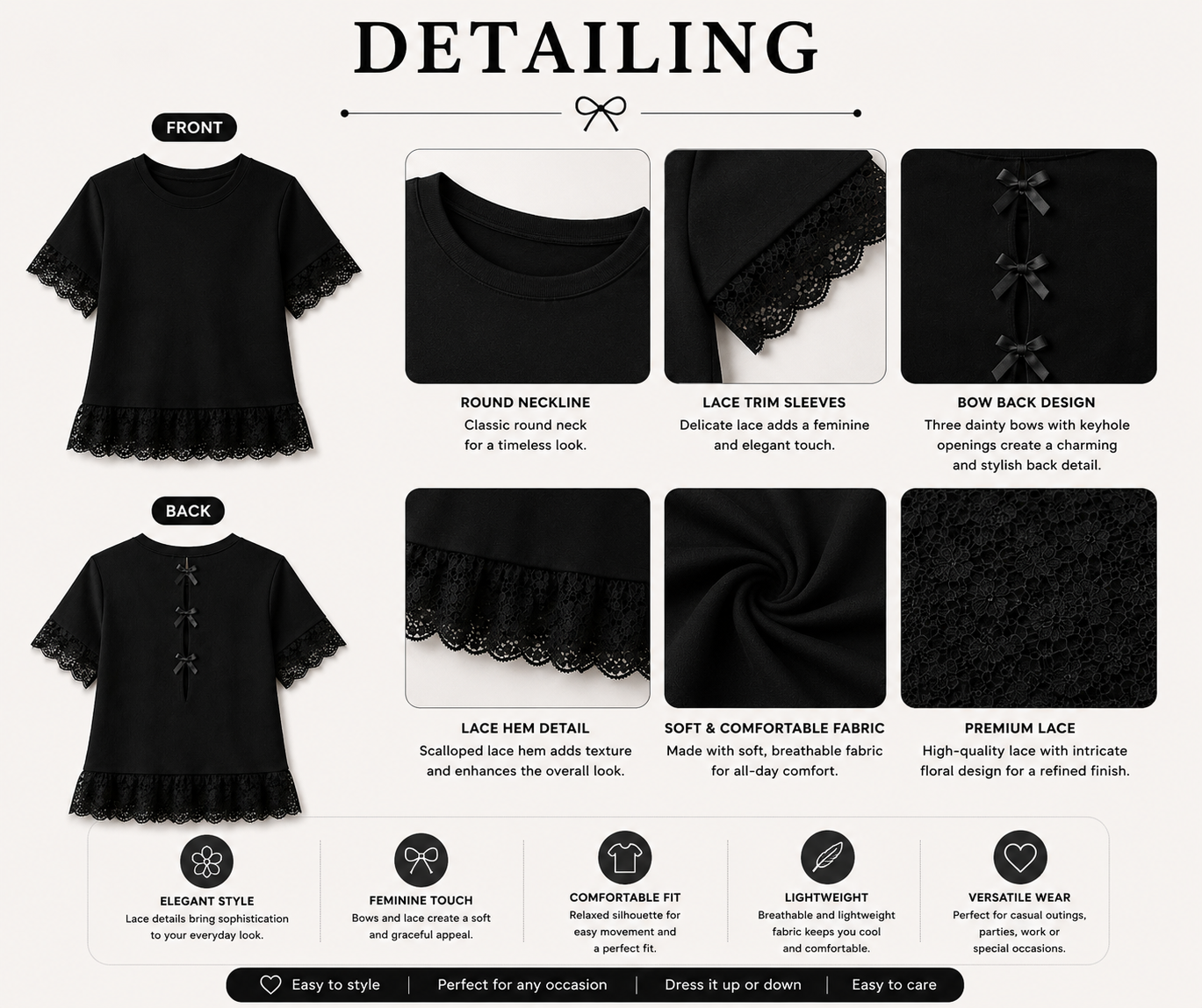 Midnight Lace Bow Back Top