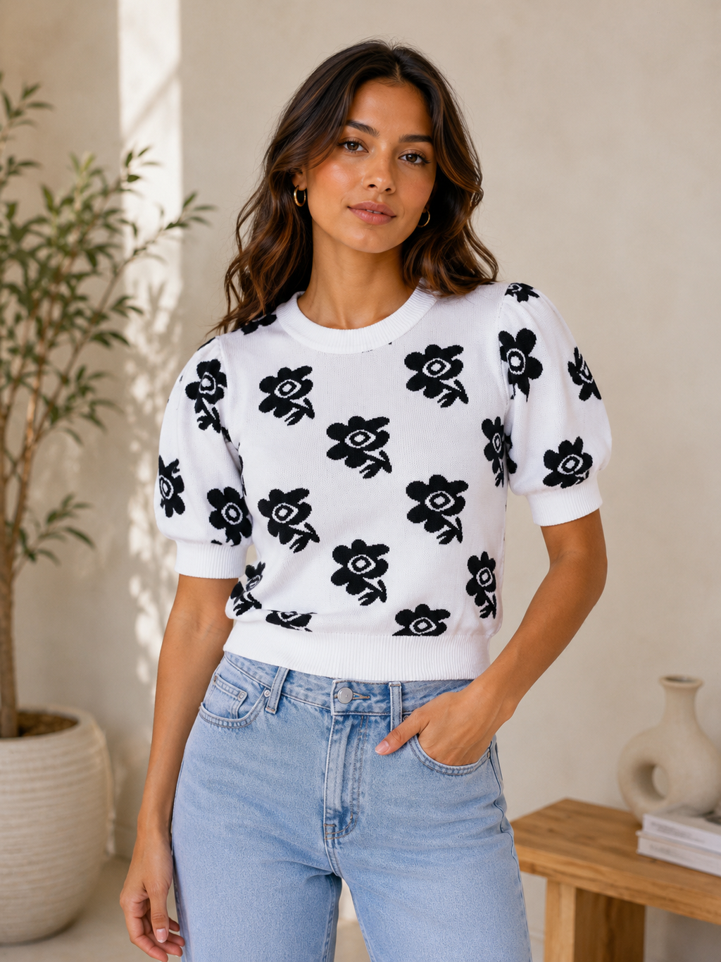 Ivory Bloom Knit Puff Sleeve Top