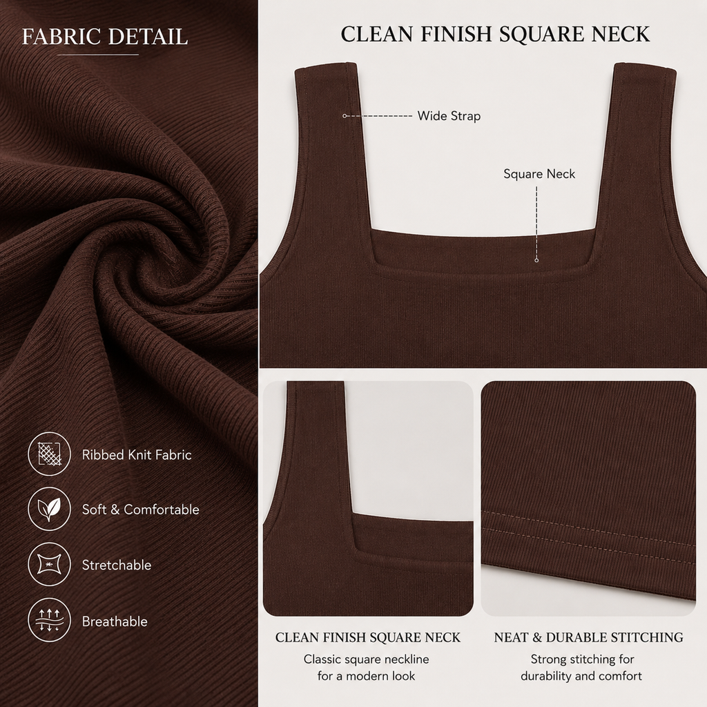 Mocha Square Neck Ribbed Tank Top