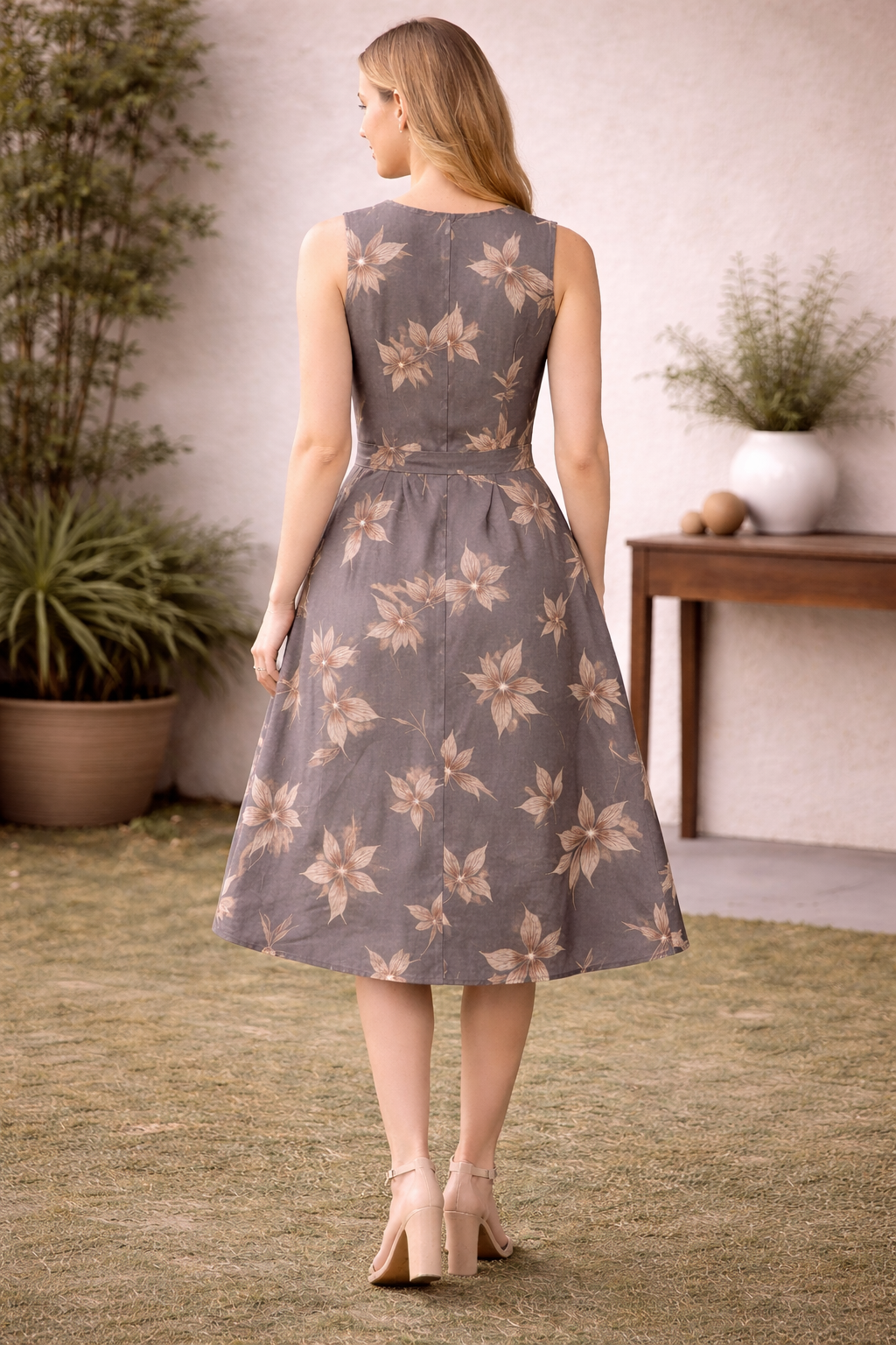 Charcoal Blossom Button-Down Midi Dress