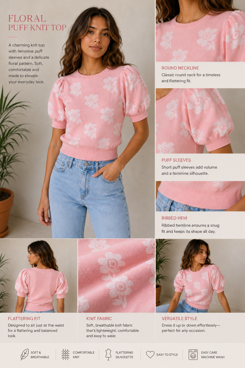 Blush Bloom Knit Puff Sleeve Top