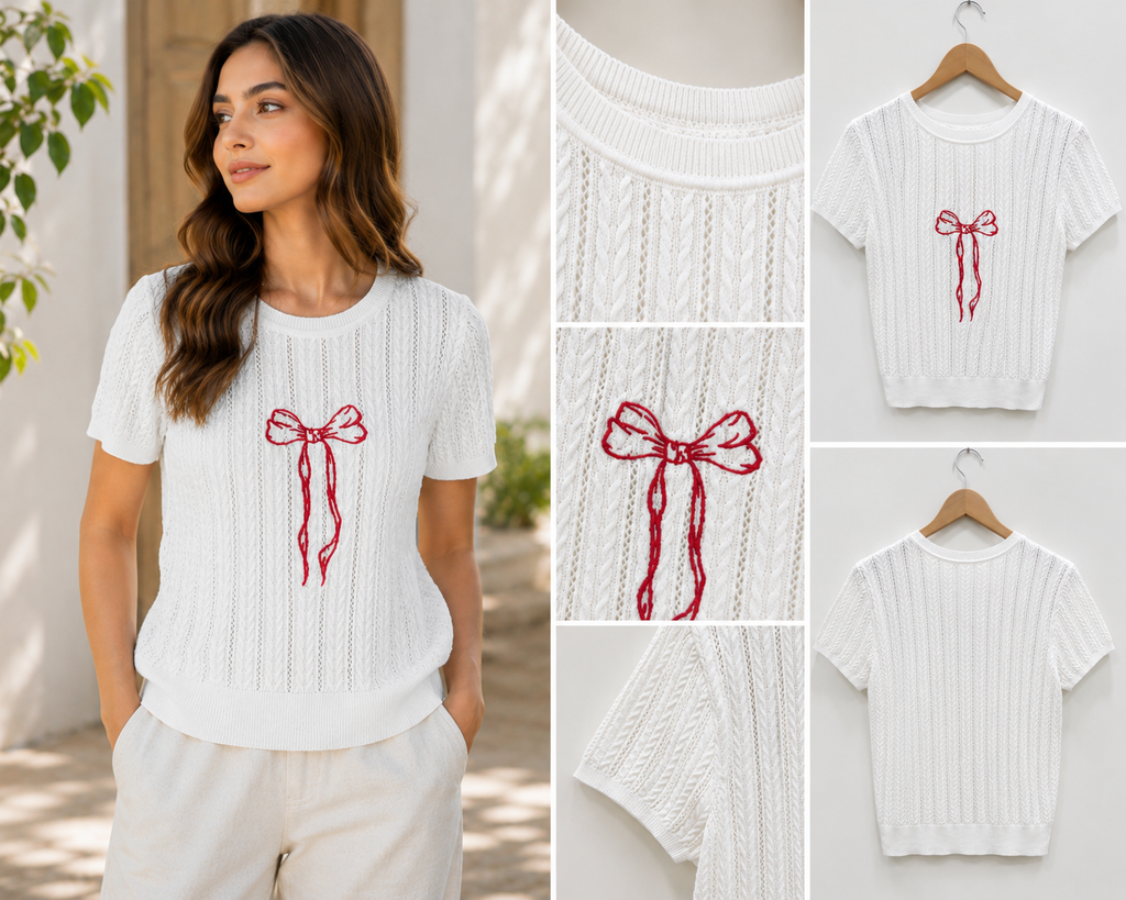 Ivory Bow Embroidered Knit Top