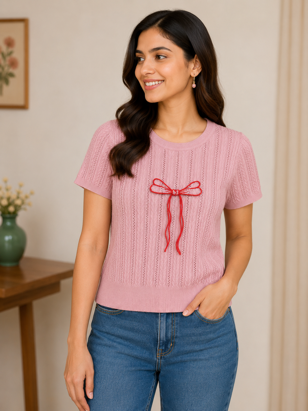 Blush Bow Embroidered Knit Top