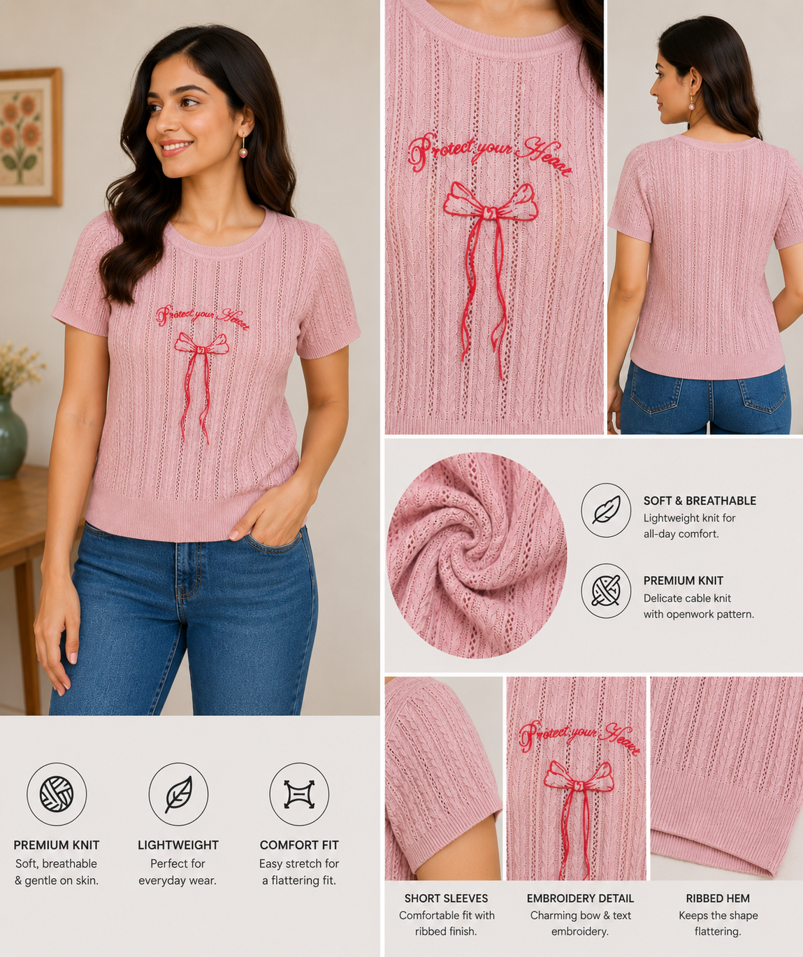 Blush Bow Embroidered Knit Top