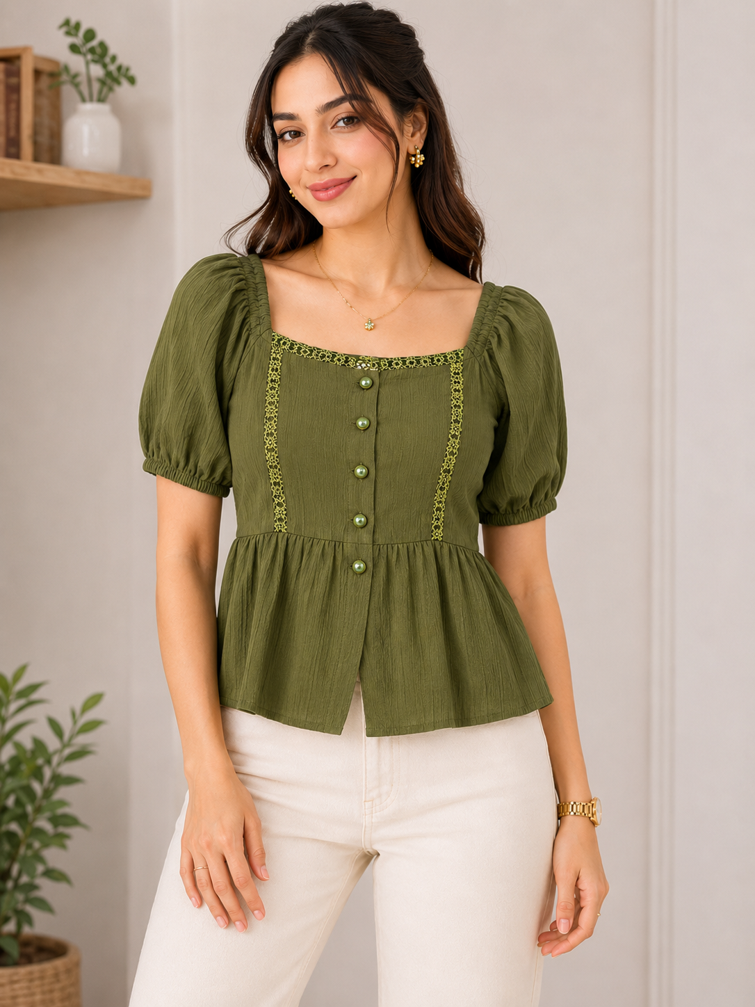 Olive Puff Sleeve Peplum Top