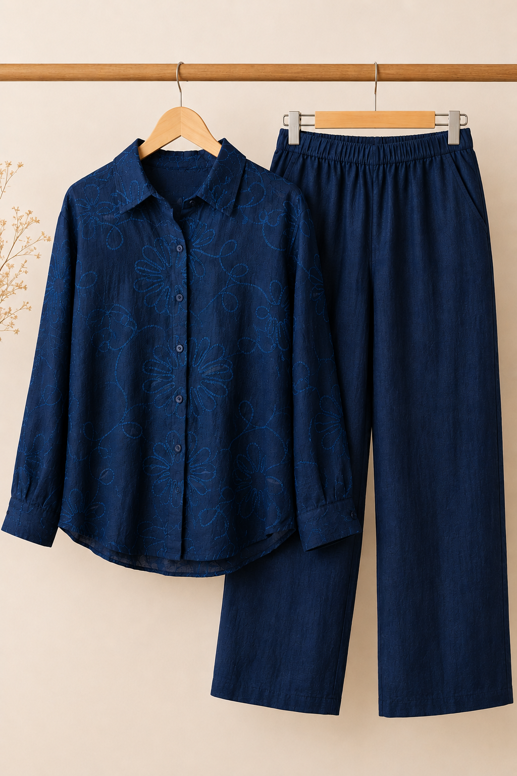 Midnight Blue Floral Cord Embroidery Co-Ord Set