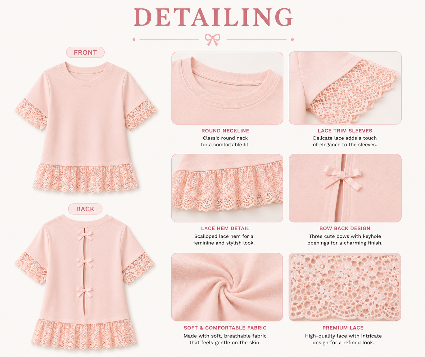 Blush Pink Lace Trim Peplum Top
