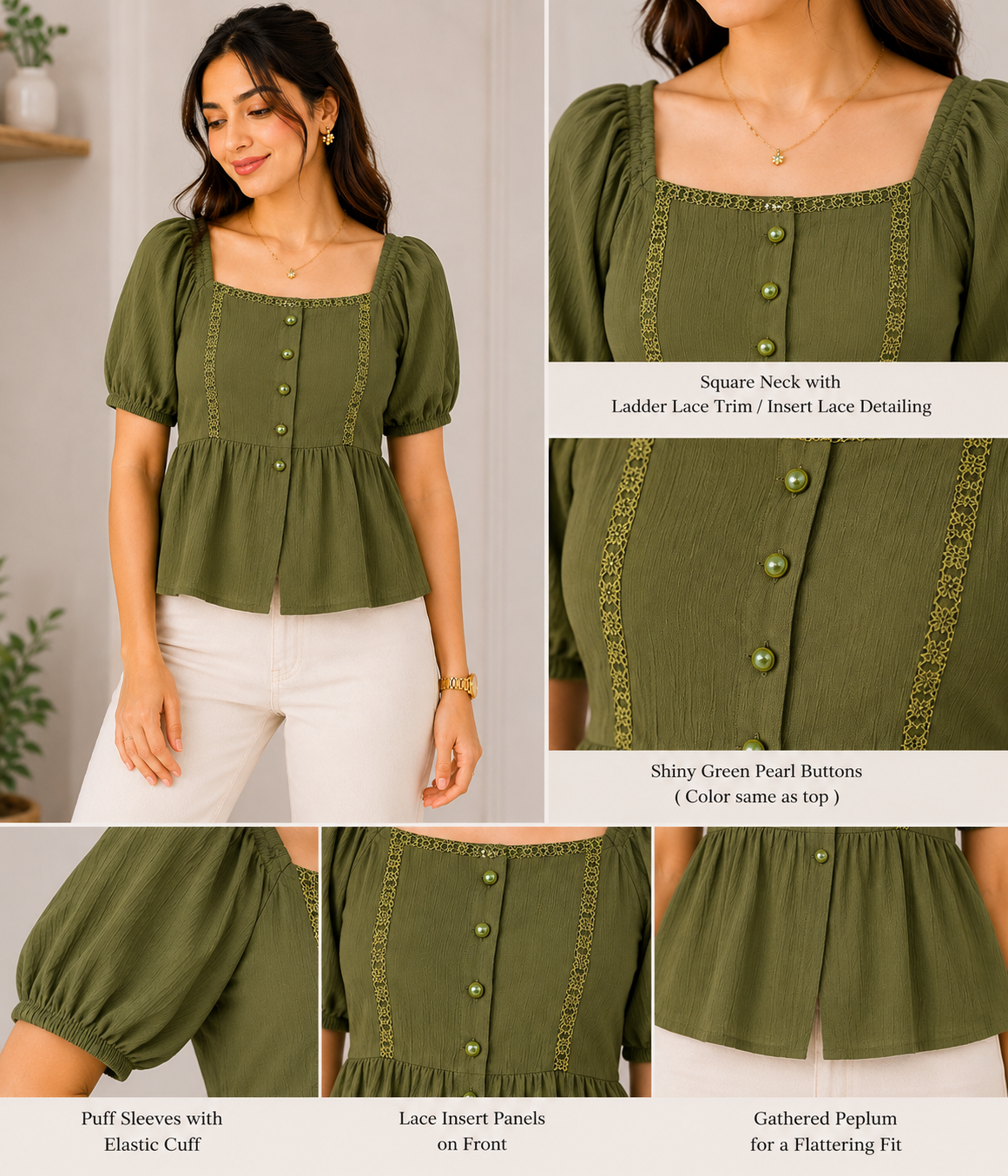 Olive Puff Sleeve Peplum Top