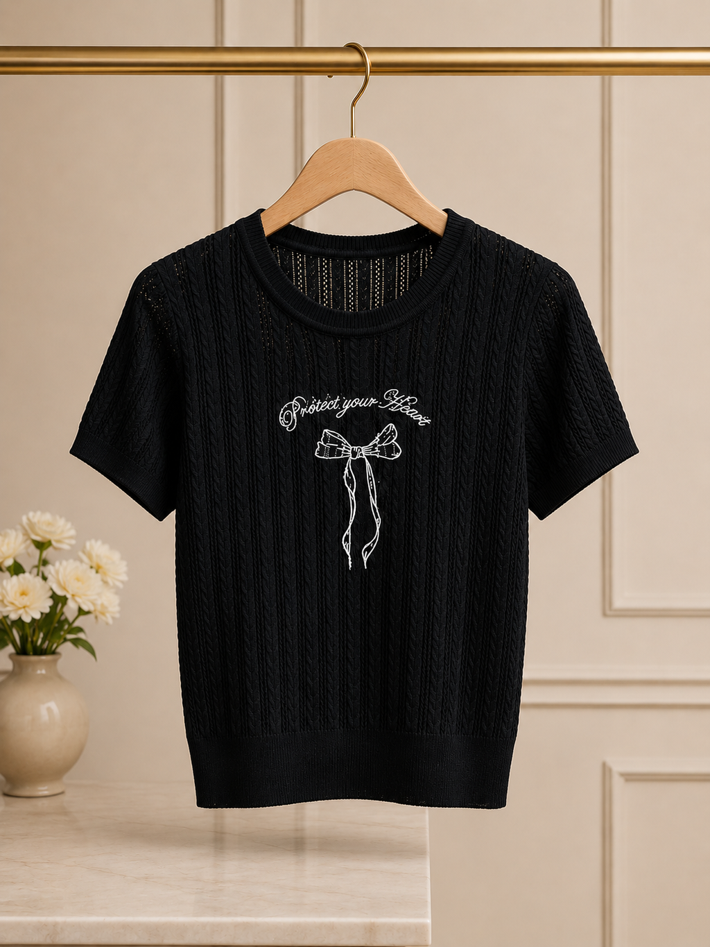 Black Knit Embroidered Bow Top