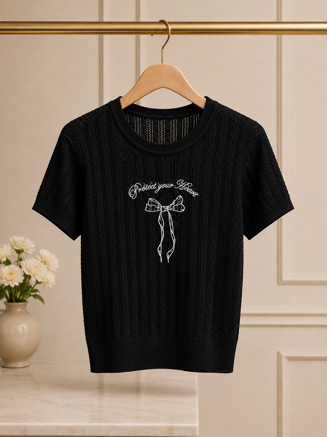 Black Knit Embroidered Bow Top