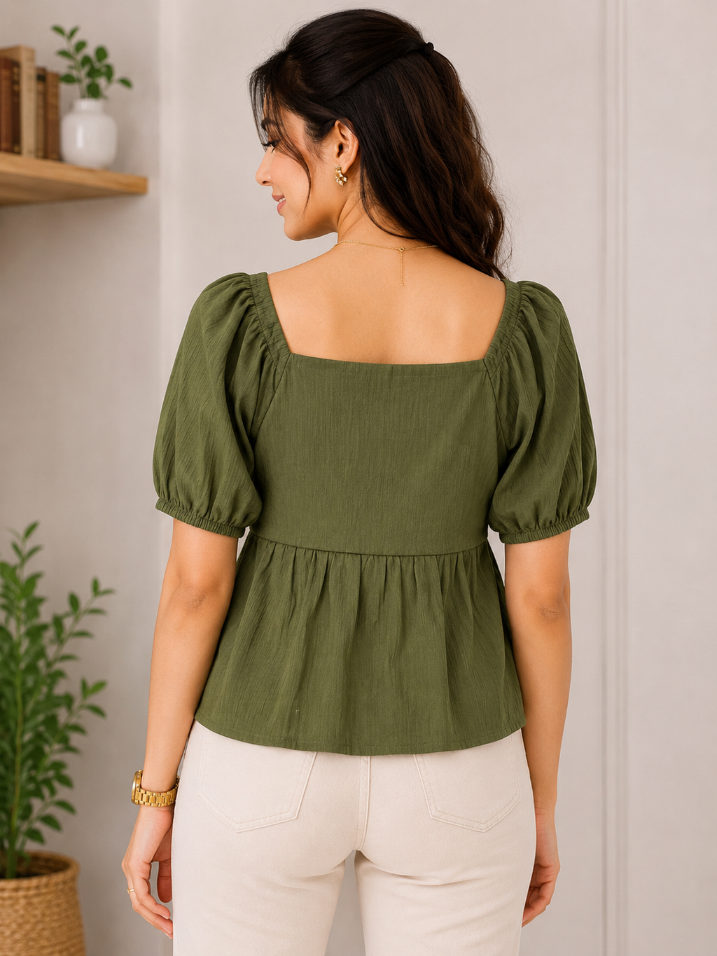 Olive Puff Sleeve Peplum Top