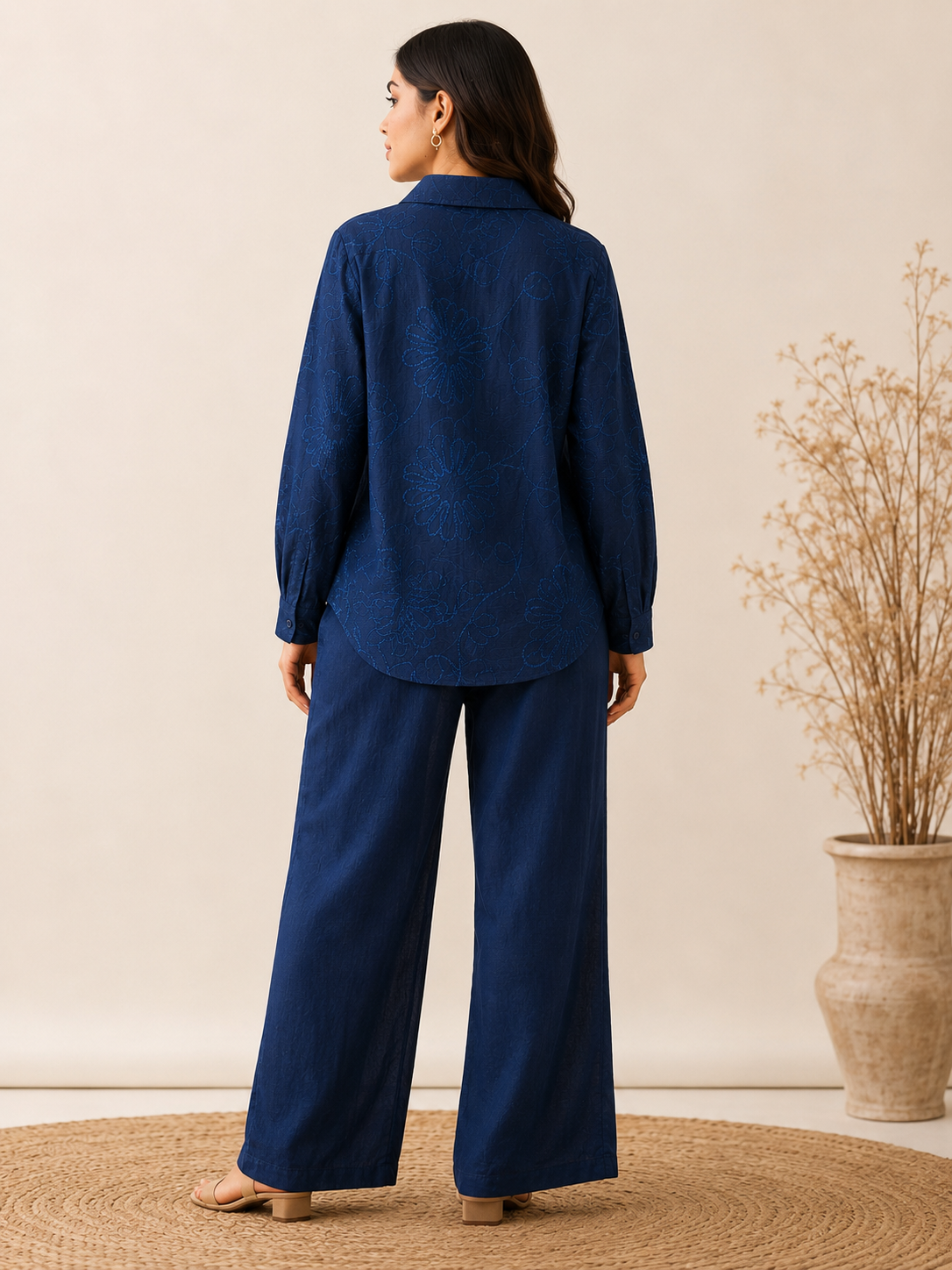 Midnight Blue Floral Cord Embroidery Co-Ord Set