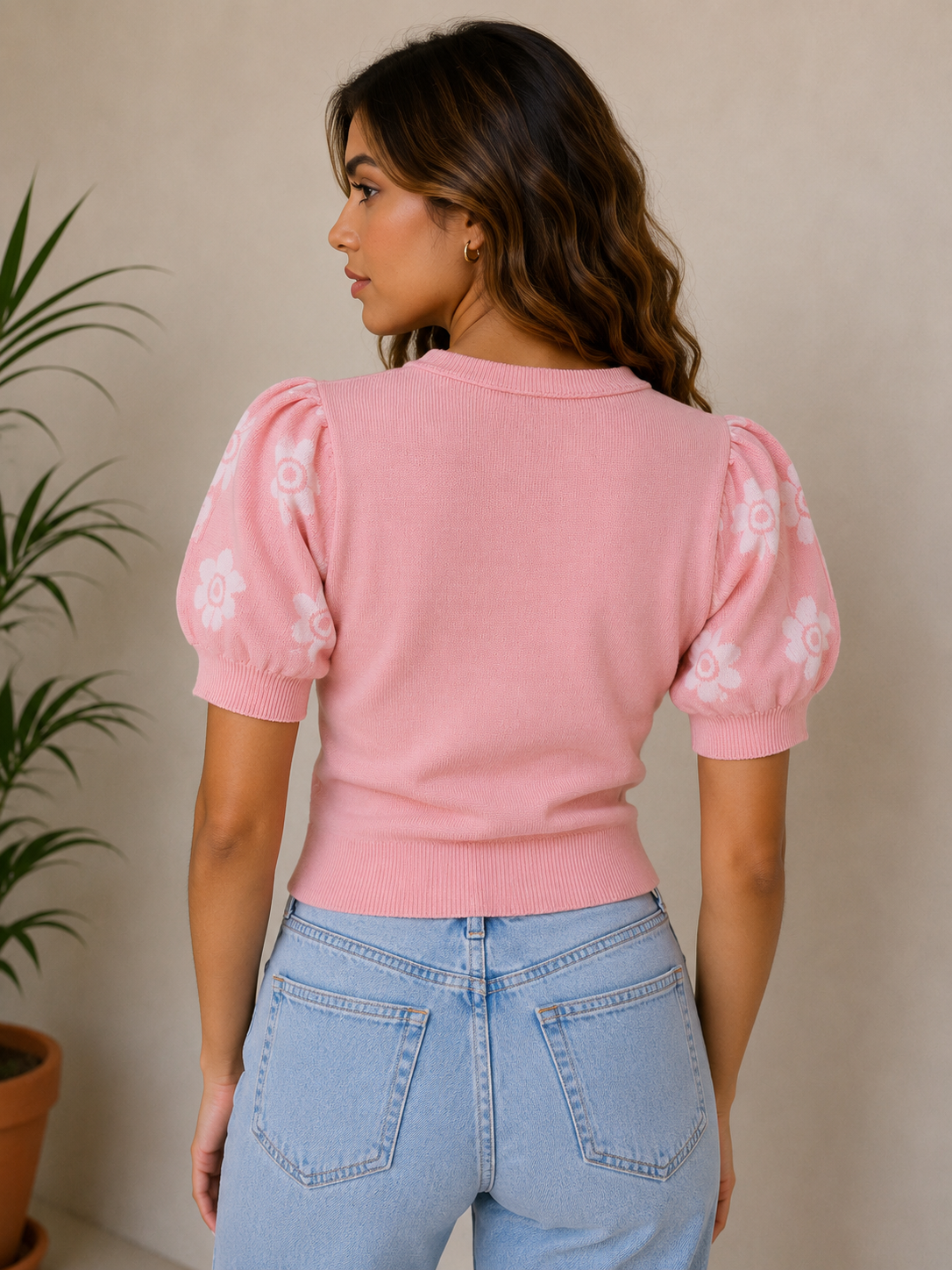 Blush Bloom Knit Puff Sleeve Top