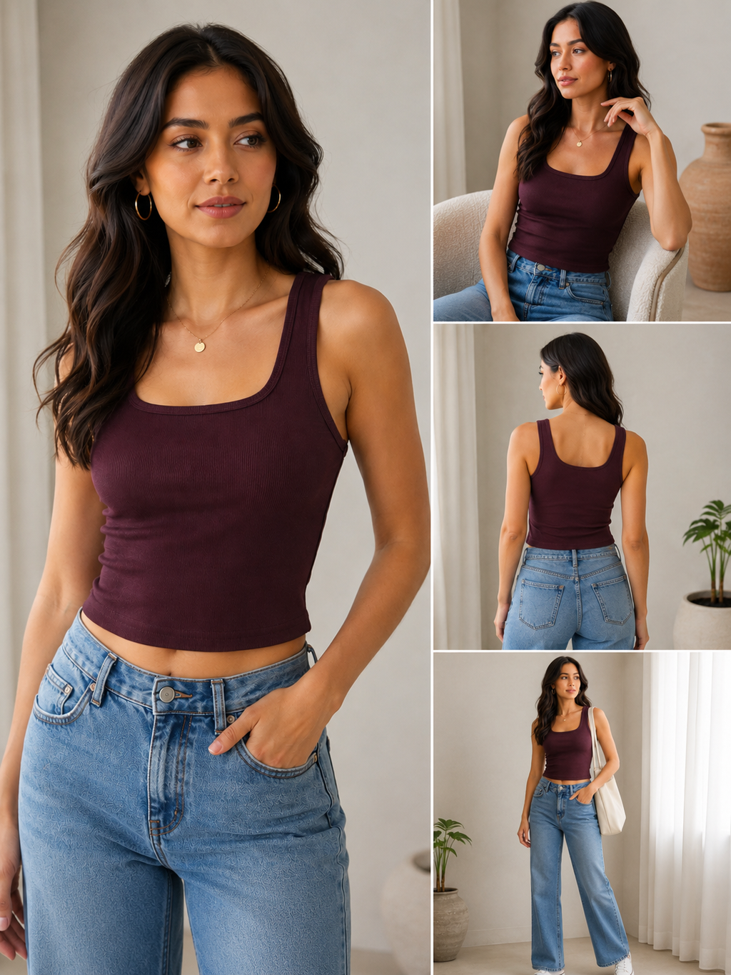Wine Ribbed Scoop Neck Crop Tank