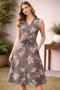 Charcoal Blossom Button-Down Midi Dress