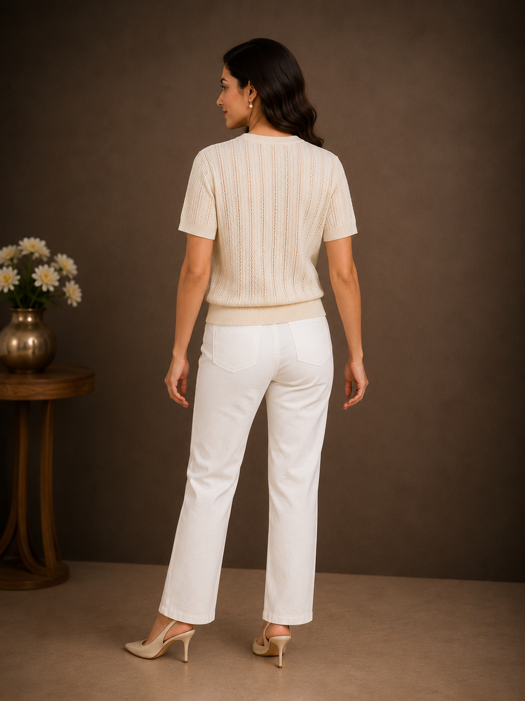 Ivory Knit Embroidered Bow Top
