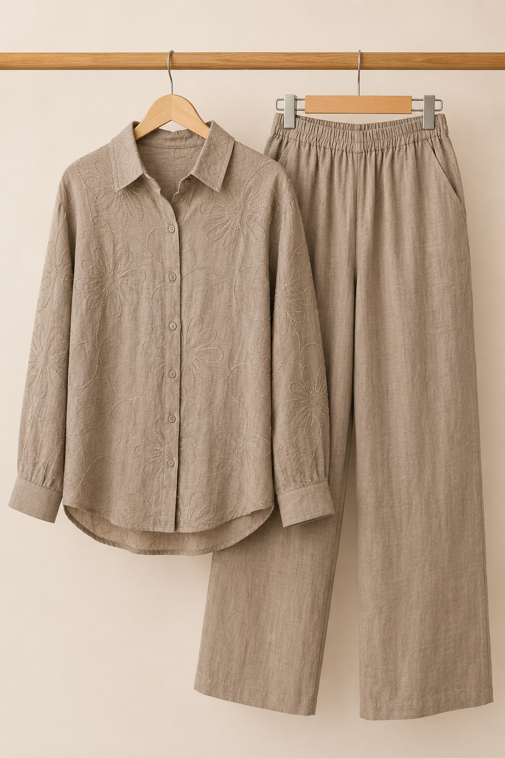 Taupe Embroidered Sheer Cotton Co-ord Set